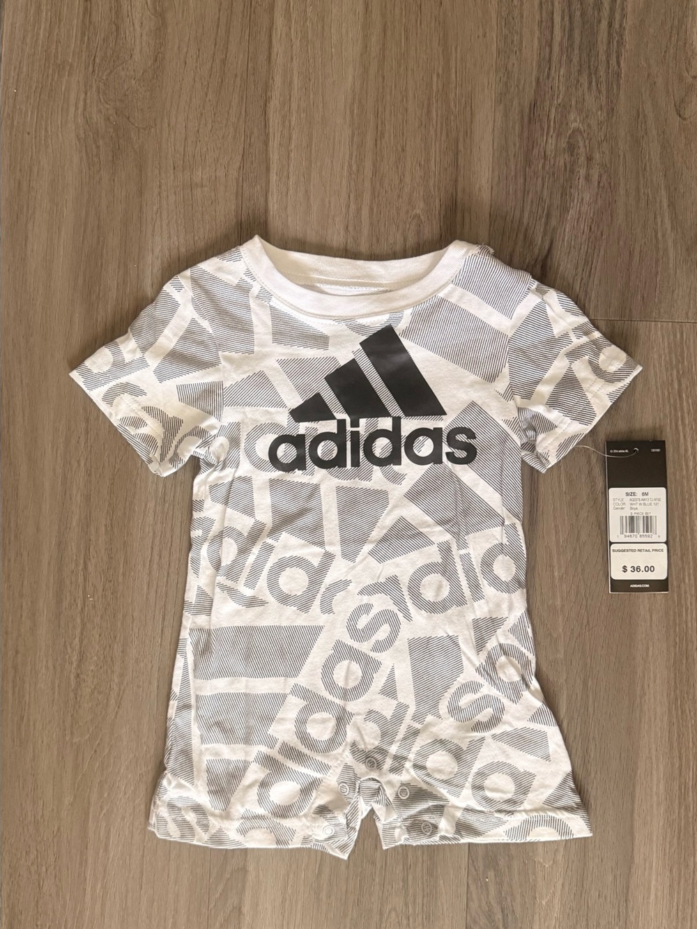 adidas White Short-Sleeve Onesie with Black Logo (6M)